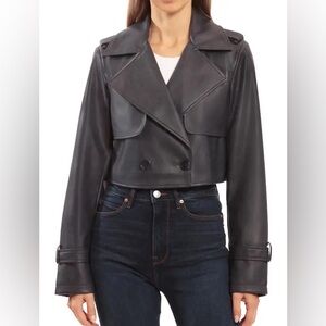 NWT Avec Les Filles Cropped Trench Faux Leather Gray Blue Jacket Size Medium